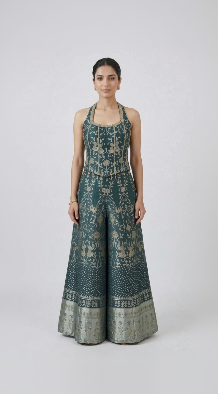 GREEN SILK ETHNIC CORSET SHARARA SET