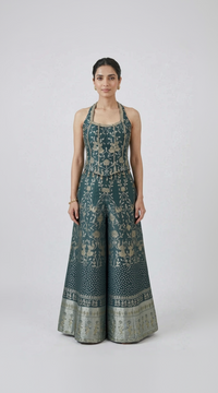 GREEN SILK ETHNIC CORSET SHARARA SET
