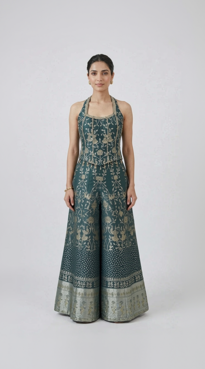 GREEN SILK ETHNIC CORSET SHARARA SET