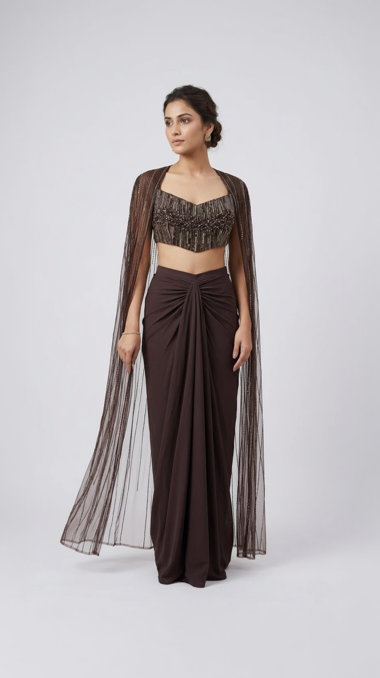 EMBROIDERED BROWN CAPE PLEATED SKIRT INDOWESTERN SET