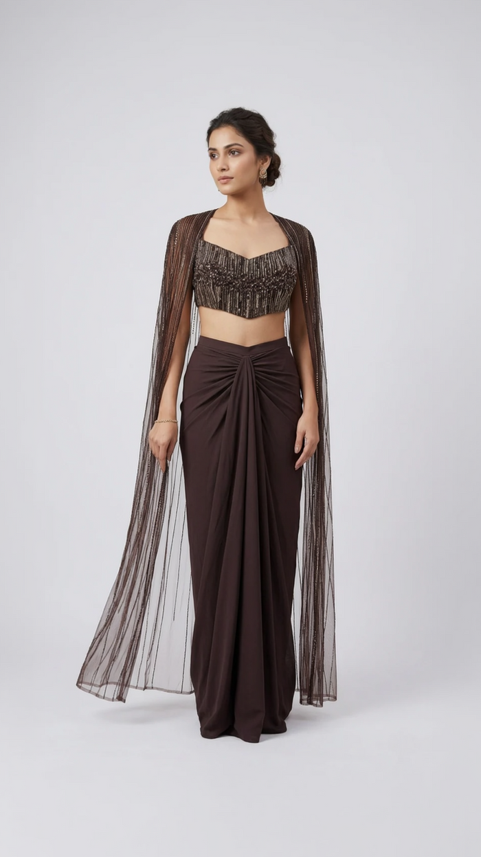 EMBROIDERED BROWN CAPE PLEATED SKIRT INDOWESTERN SET