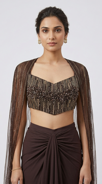 EMBROIDERED BROWN CAPE PLEATED SKIRT INDOWESTERN SET