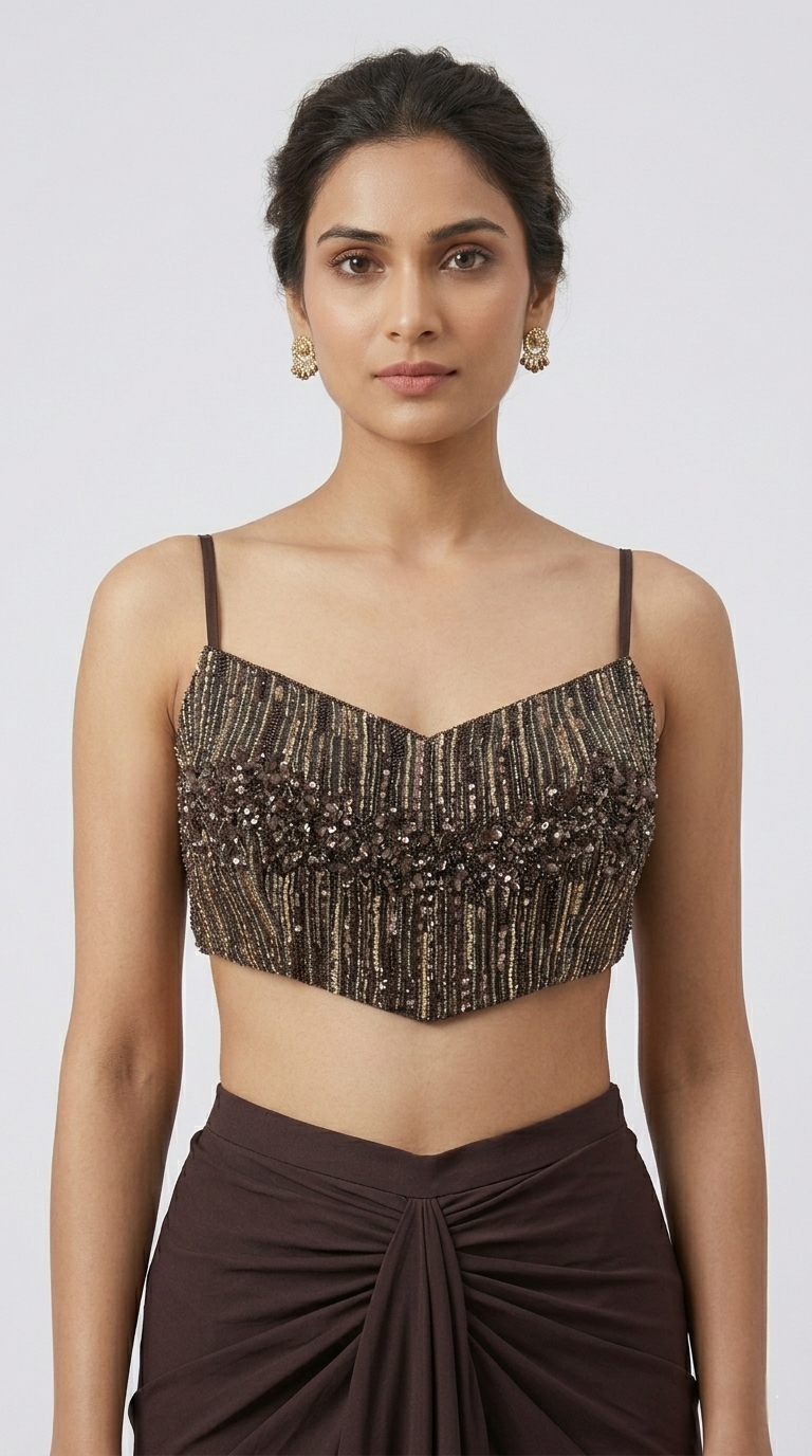 EMBROIDERED BROWN CAPE PLEATED SKIRT INDOWESTERN SET