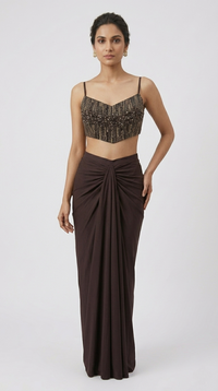 EMBROIDERED BROWN CAPE PLEATED SKIRT INDOWESTERN SET