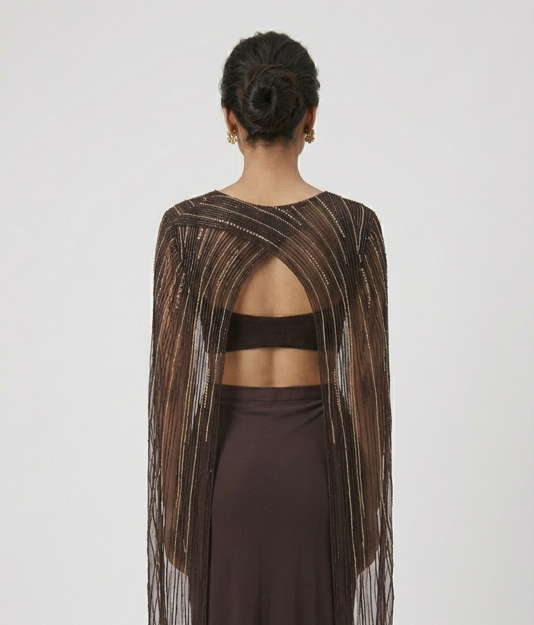 EMBROIDERED BROWN CAPE PLEATED SKIRT INDOWESTERN SET