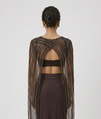 EMBROIDERED BROWN CAPE PLEATED SKIRT INDOWESTERN SET