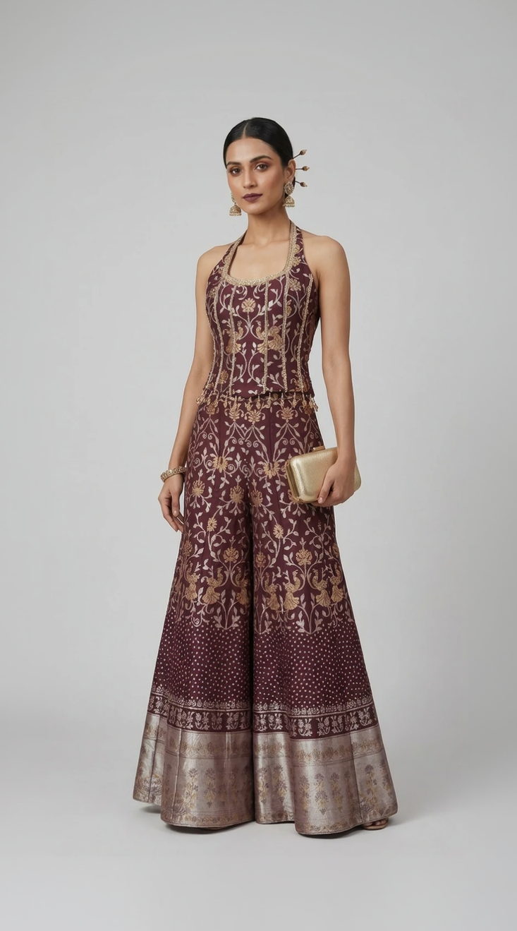 WINE SILK ETHNIC CORSET SHARARA SET