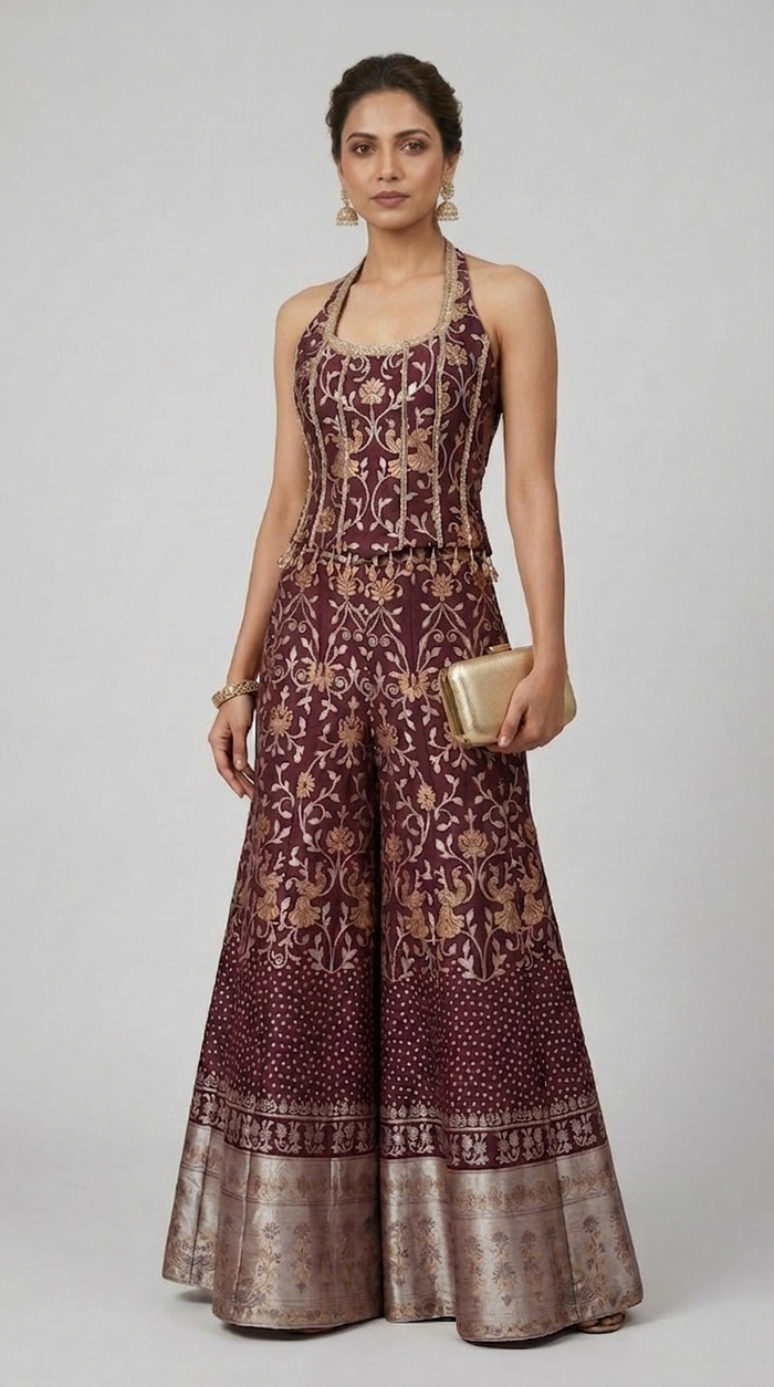 WINE SILK ETHNIC CORSET SHARARA SET