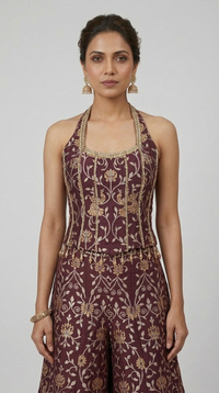 WINE SILK ETHNIC CORSET SHARARA SET