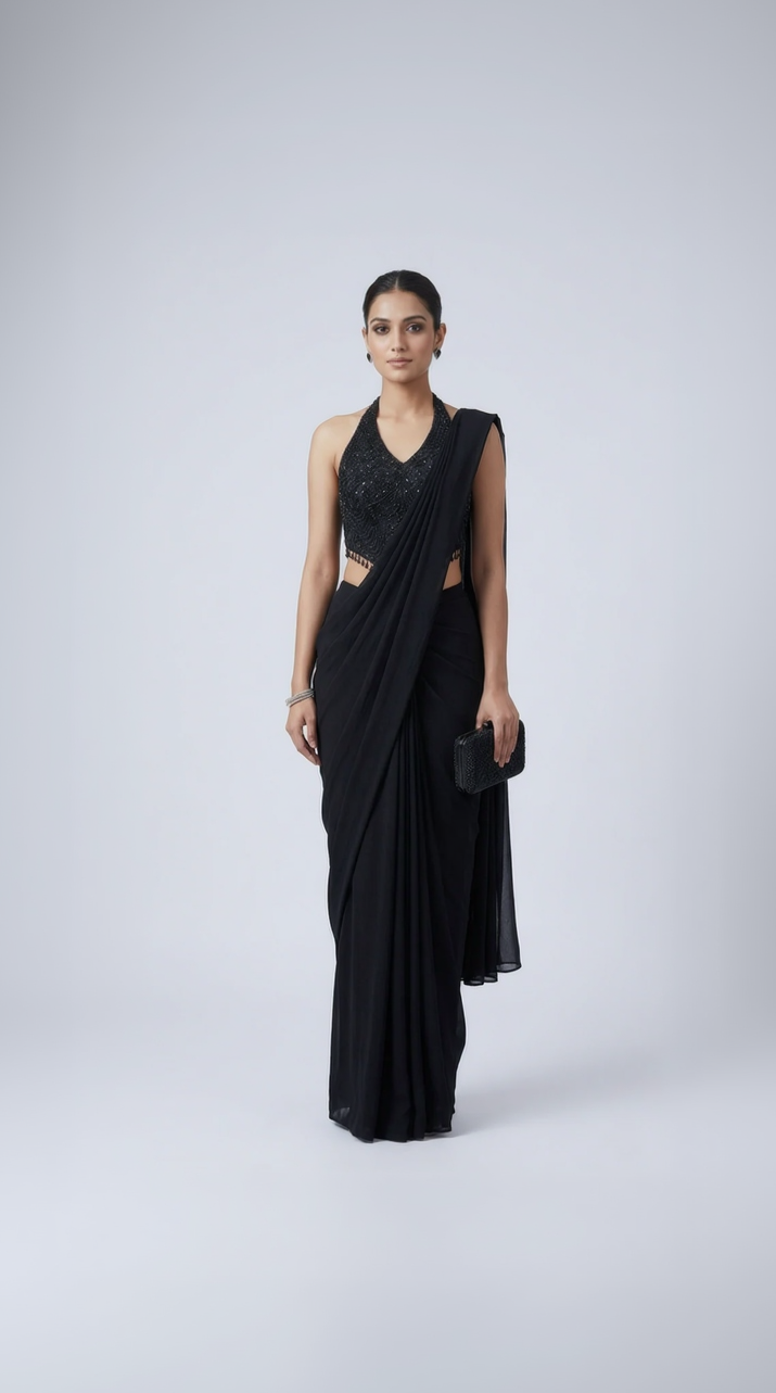 BLACK BEADS EMBELLISHED HALTER NECK READY TO WEAR SAREE