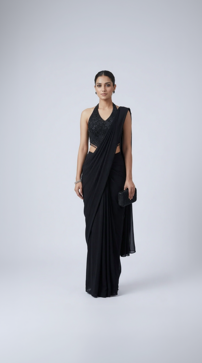 BLACK BEADS EMBELLISHED HALTER NECK READY TO WEAR SAREE