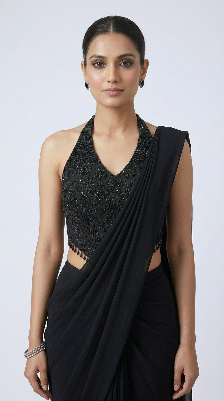 BLACK BEADS EMBELLISHED HALTER NECK READY TO WEAR SAREE