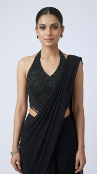 BLACK BEADS EMBELLISHED HALTER NECK READY TO WEAR SAREE