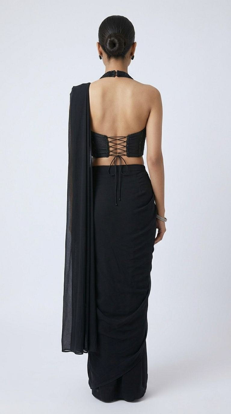 BLACK BEADS EMBELLISHED HALTER NECK READY TO WEAR SAREE