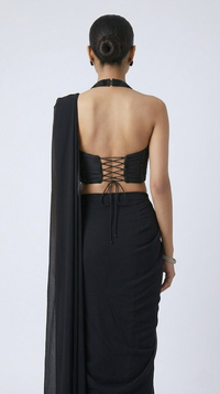 BLACK BEADS EMBELLISHED HALTER NECK READY TO WEAR SAREE