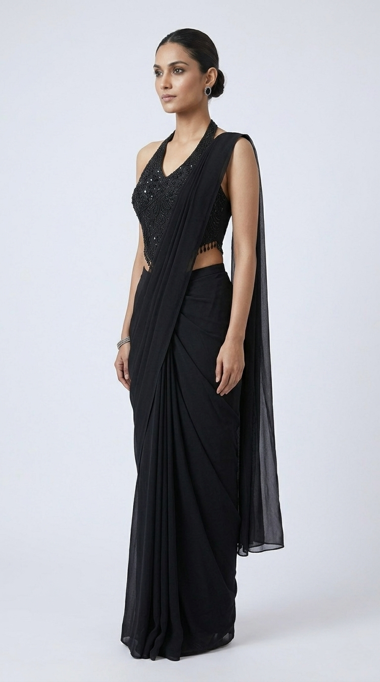 BLACK BEADS EMBELLISHED HALTER NECK READY TO WEAR SAREE
