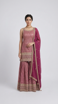 MAJENTA SILK BANDHANI EMBROIDERED SHARARA SUIT