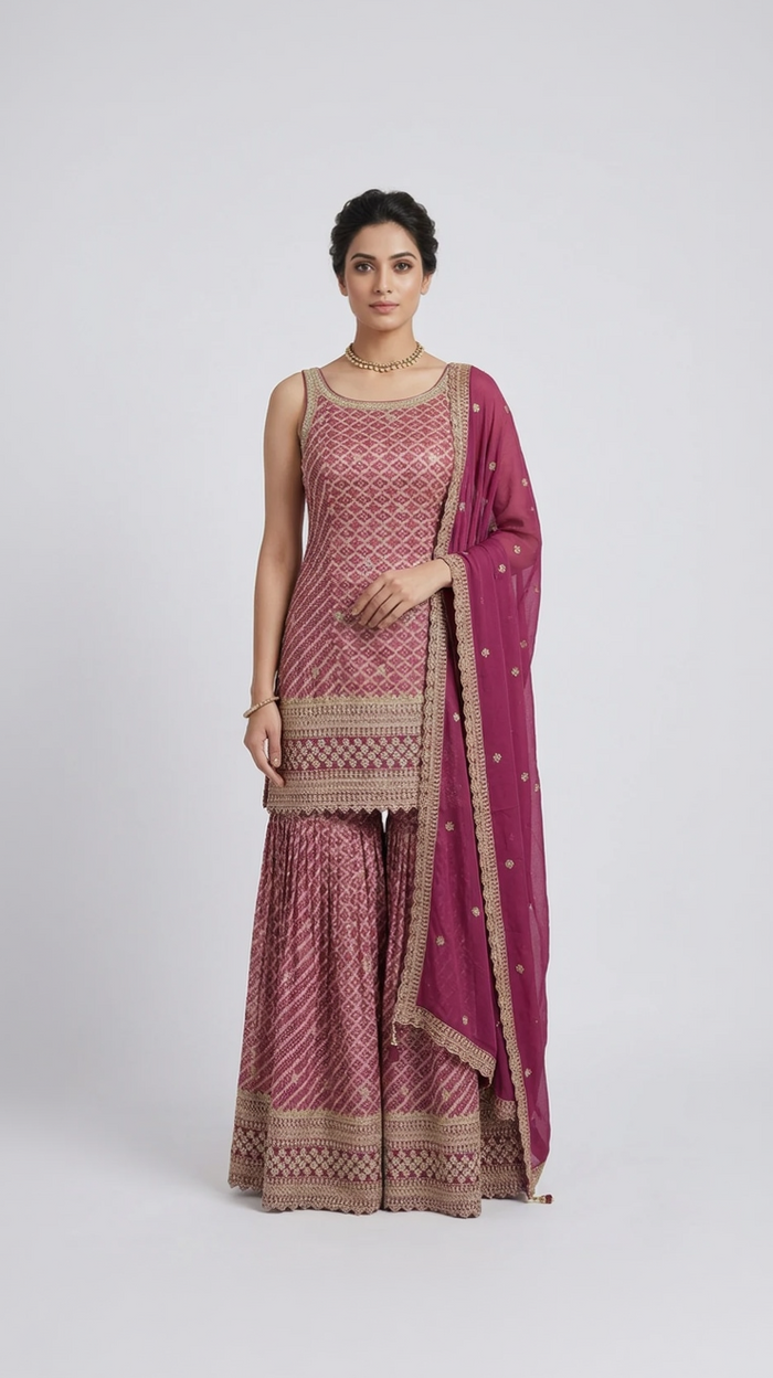 MAJENTA SILK BANDHANI EMBROIDERED SHARARA SUIT