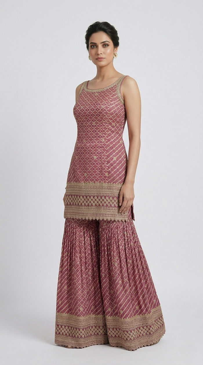 MAJENTA SILK BANDHANI EMBROIDERED SHARARA SUIT