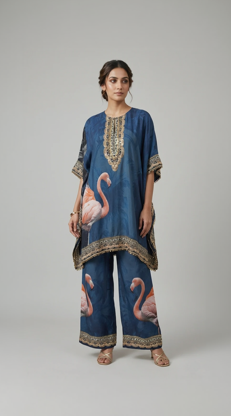 BLUE SILK EMBROIDERED KAFTAN SET