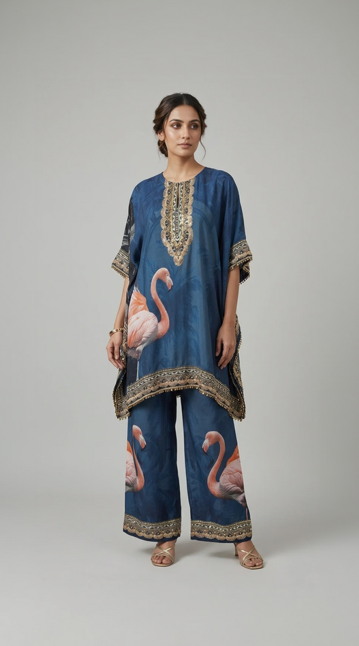 BLUE SILK EMBROIDERED KAFTAN SET