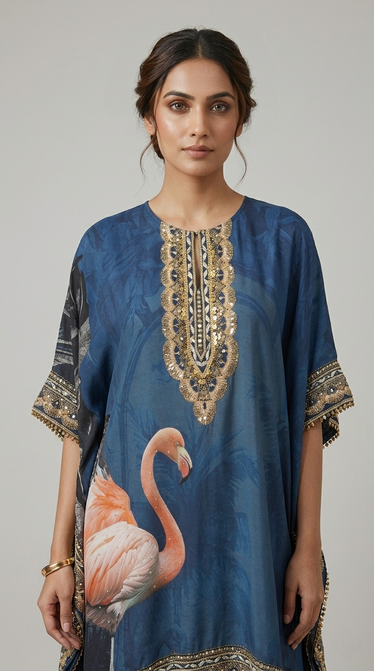 BLUE SILK EMBROIDERED KAFTAN SET