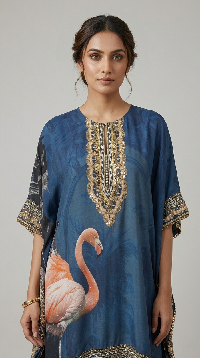 BLUE SILK EMBROIDERED KAFTAN SET