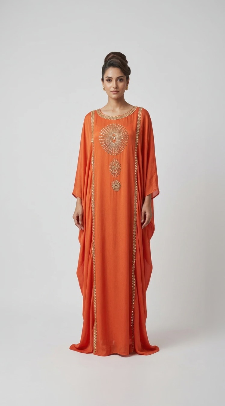 ORANGE CHINON HAND EMBROIDERED KAFTAN SET