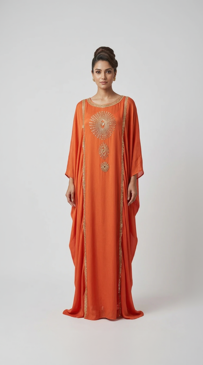 ORANGE CHINON HAND EMBROIDERED KAFTAN SET