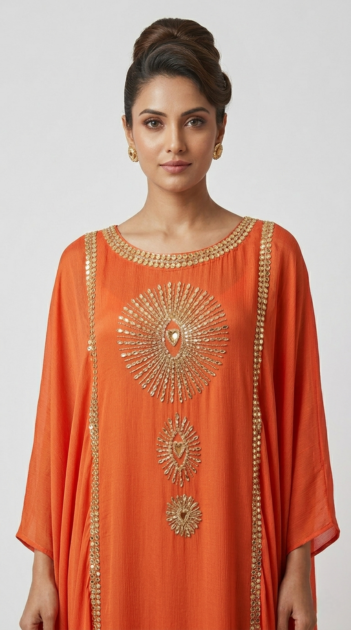 ORANGE CHINON HAND EMBROIDERED KAFTAN SET