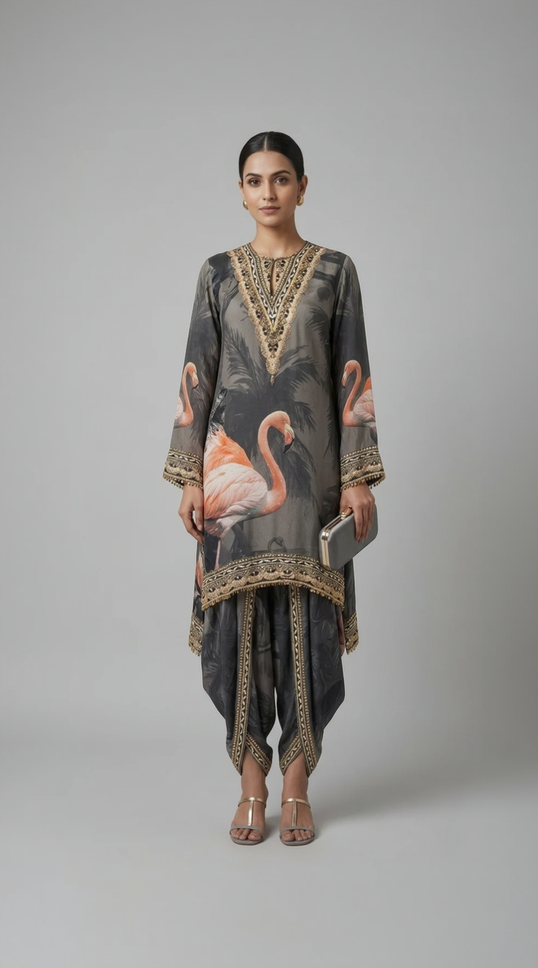 GREY SILK EMBROIDERED DHOTI KURTA SET