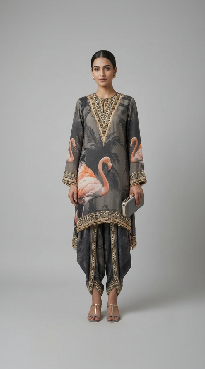 GREY SILK EMBROIDERED DHOTI KURTA SET