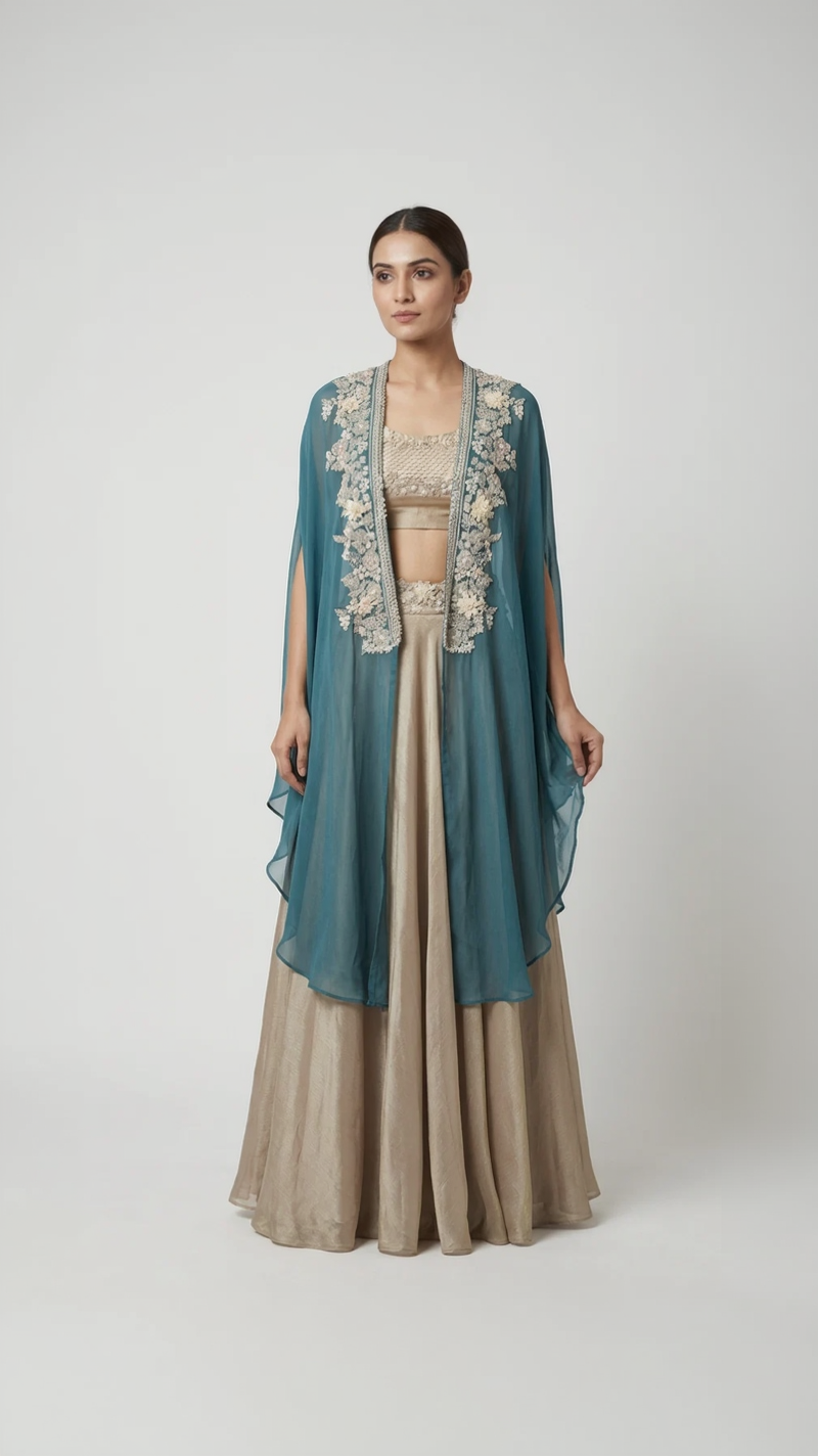 GREEN EMBELLISHED TISSUE SILK CAPE SET