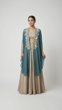GREEN EMBELLISHED TISSUE SILK CAPE SET