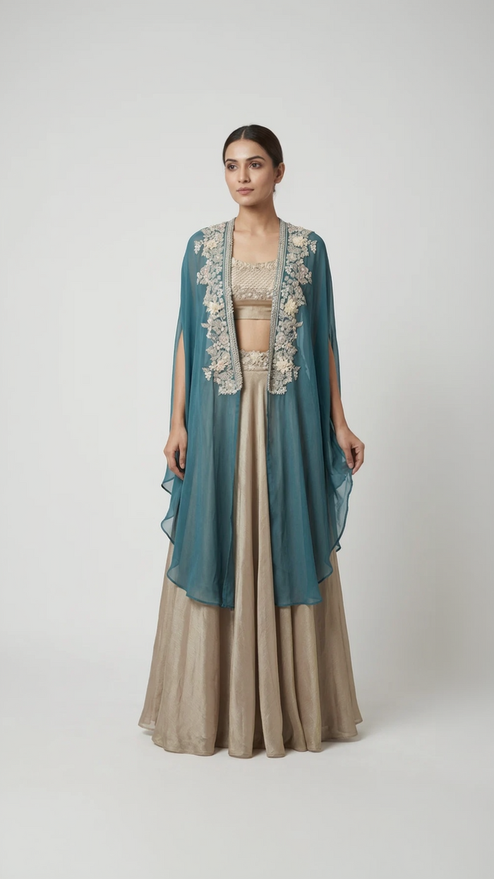 GREEN EMBELLISHED TISSUE SILK CAPE SET