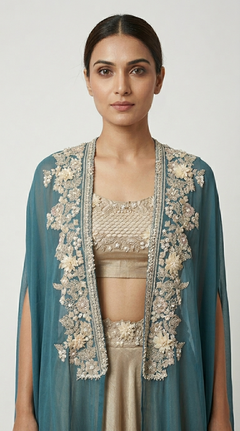 GREEN EMBELLISHED TISSUE SILK CAPE SET