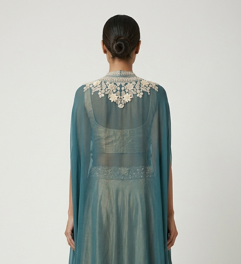 GREEN EMBELLISHED TISSUE SILK CAPE SET
