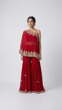 RED EMBELLISHED ONE SIDE SHOULDER SHARARA SET
