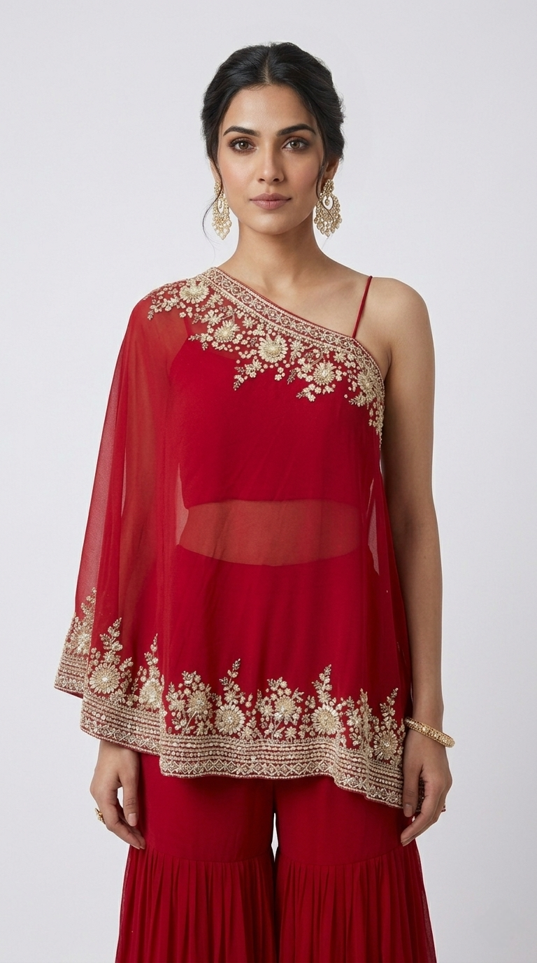 RED EMBELLISHED ONE SIDE SHOULDER SHARARA SET