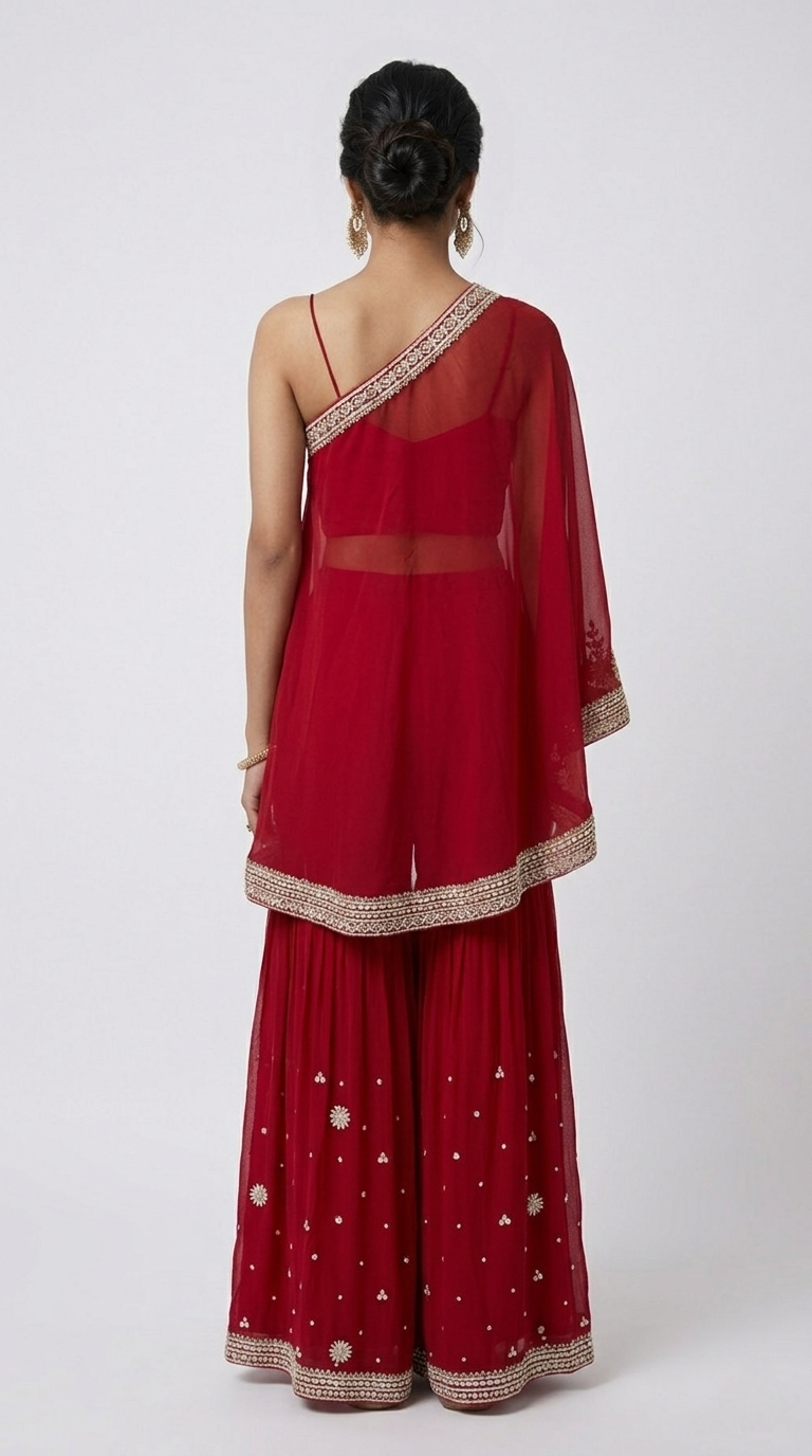 RED EMBELLISHED ONE SIDE SHOULDER SHARARA SET