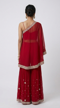 RED EMBELLISHED ONE SIDE SHOULDER SHARARA SET