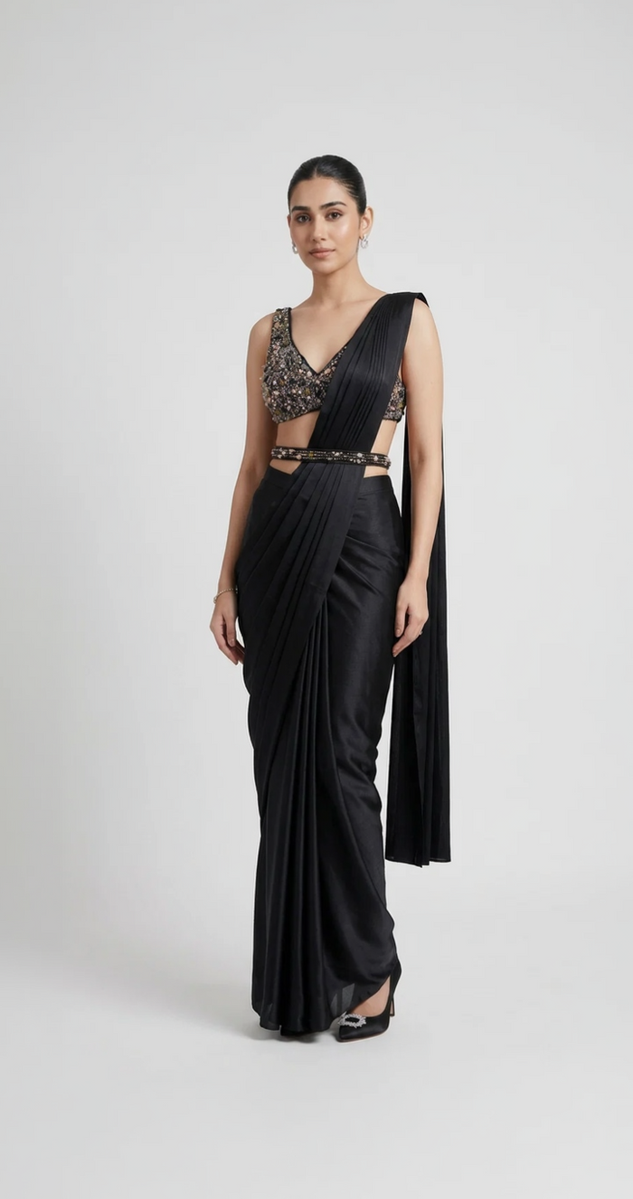 CRYSTAL EMBROIDERED BLACK PRE DRAPED SAREE.
