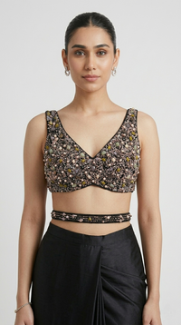 CRYSTAL EMBROIDERED BLACK PRE DRAPED SAREE.