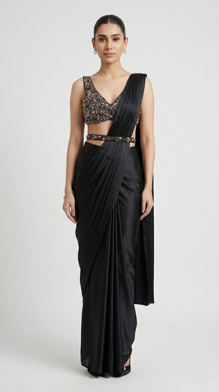 CRYSTAL EMBROIDERED BLACK PRE DRAPED SAREE.