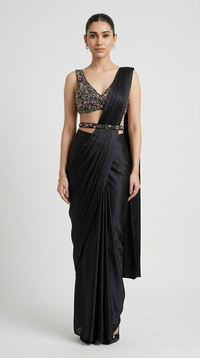CRYSTAL EMBROIDERED BLACK PRE DRAPED SAREE.