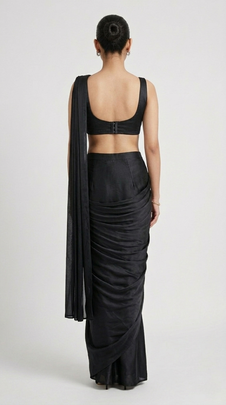 CRYSTAL EMBROIDERED BLACK PRE DRAPED SAREE.