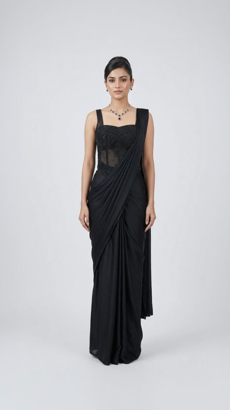BLACK CORSET EMBROIDERED READY TO WEAR SAREE