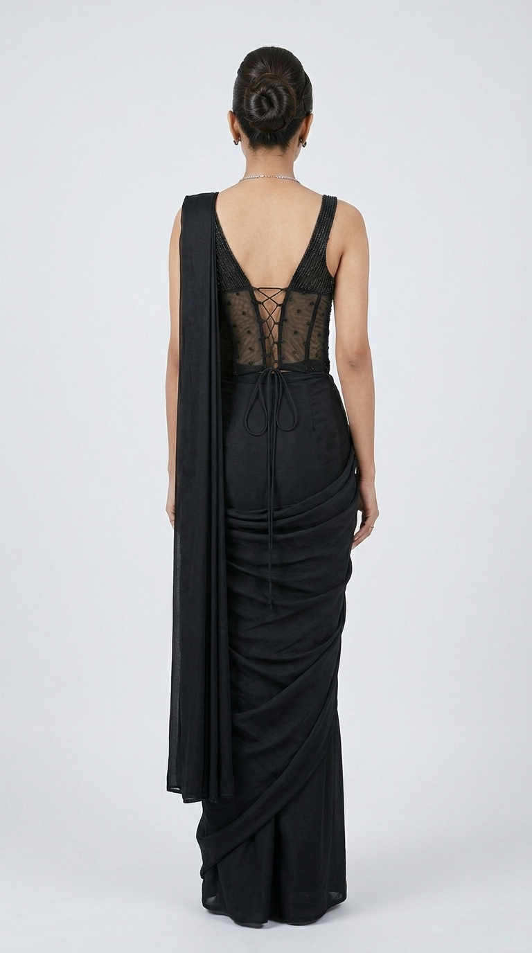BLACK CORSET EMBROIDERED READY TO WEAR SAREE