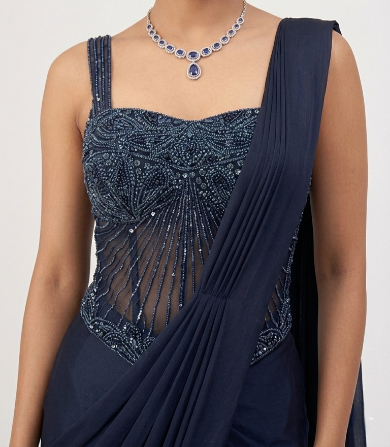 NAVY BLUE CORSET EMBROIDERED READY TO WEAR SAREE
