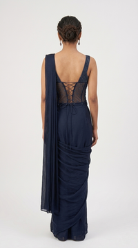NAVY BLUE CORSET EMBROIDERED READY TO WEAR SAREE